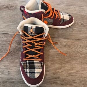Air Jordan Nike Kids Plaid Sneakers with Orange Laces